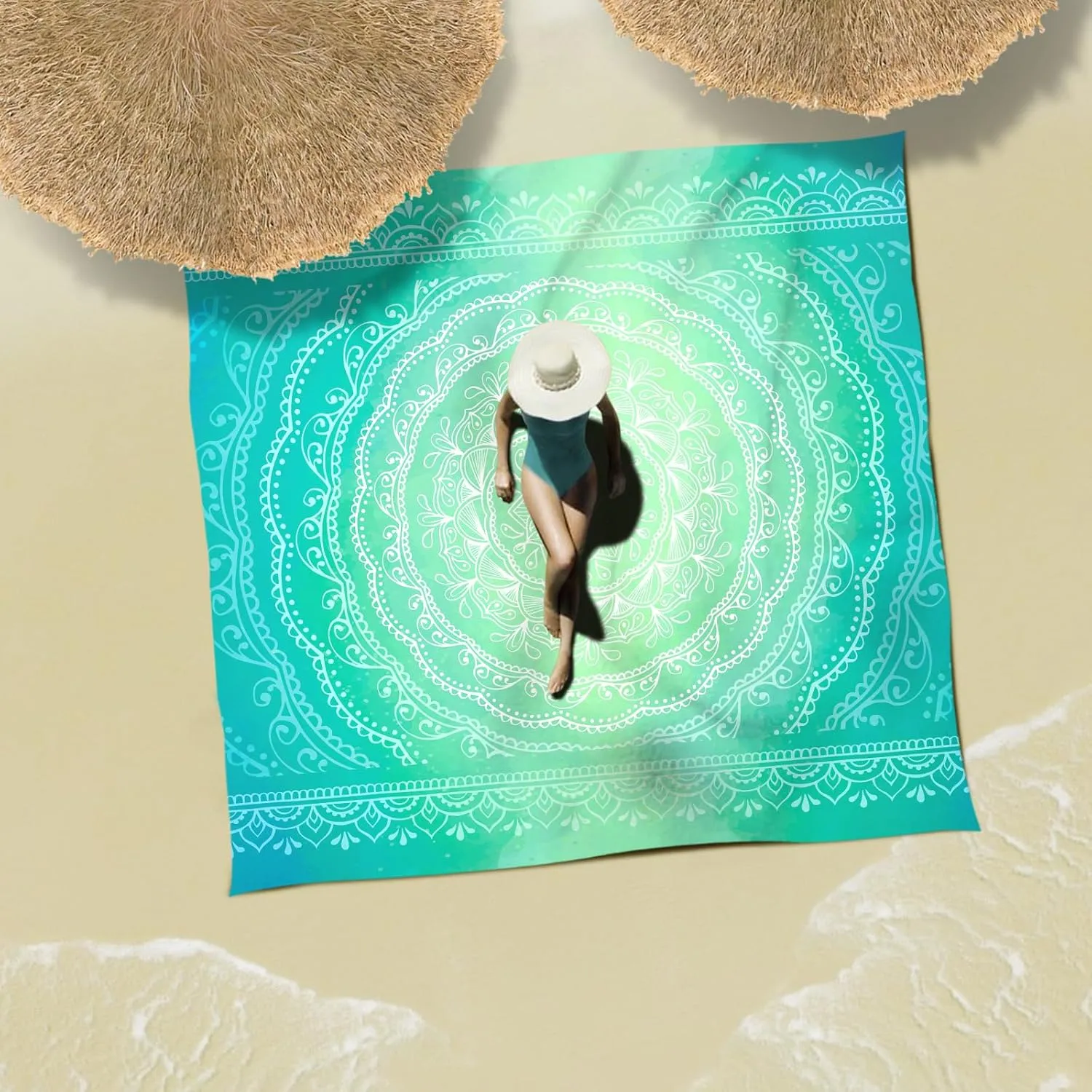 Sunlit Silky Soft Sand Proof Beach Blanket 106"x81" / 85"x72" Sand Proof Mat with Corner Pockets and Mesh Bag for Beach Party, Travel, Camping and Outdoor Music Festival, Mandala
