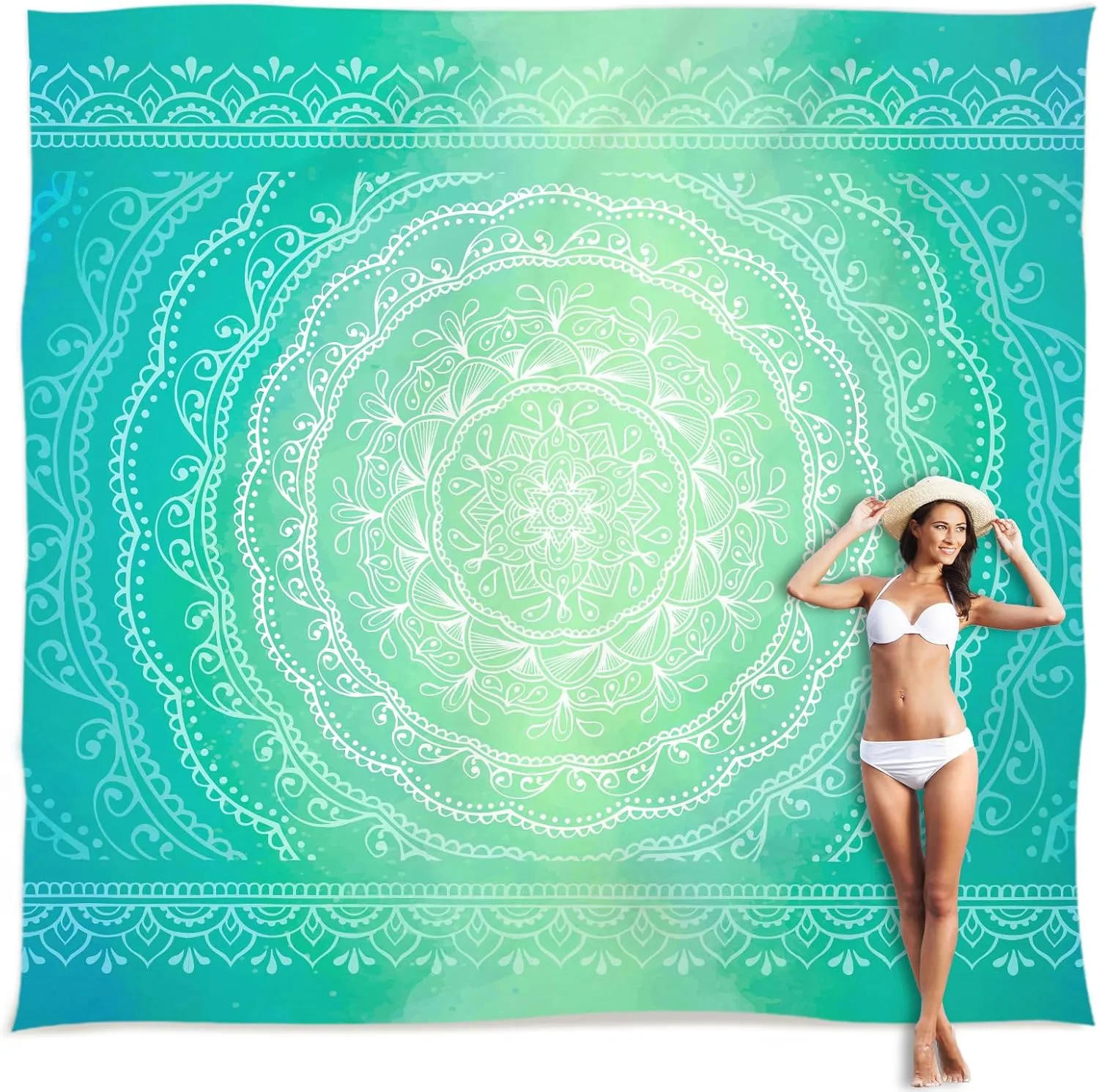 Sunlit Silky Soft Sand Proof Beach Blanket 106"x81" / 85"x72" Sand Proof Mat with Corner Pockets and Mesh Bag for Beach Party, Travel, Camping and Outdoor Music Festival, Mandala