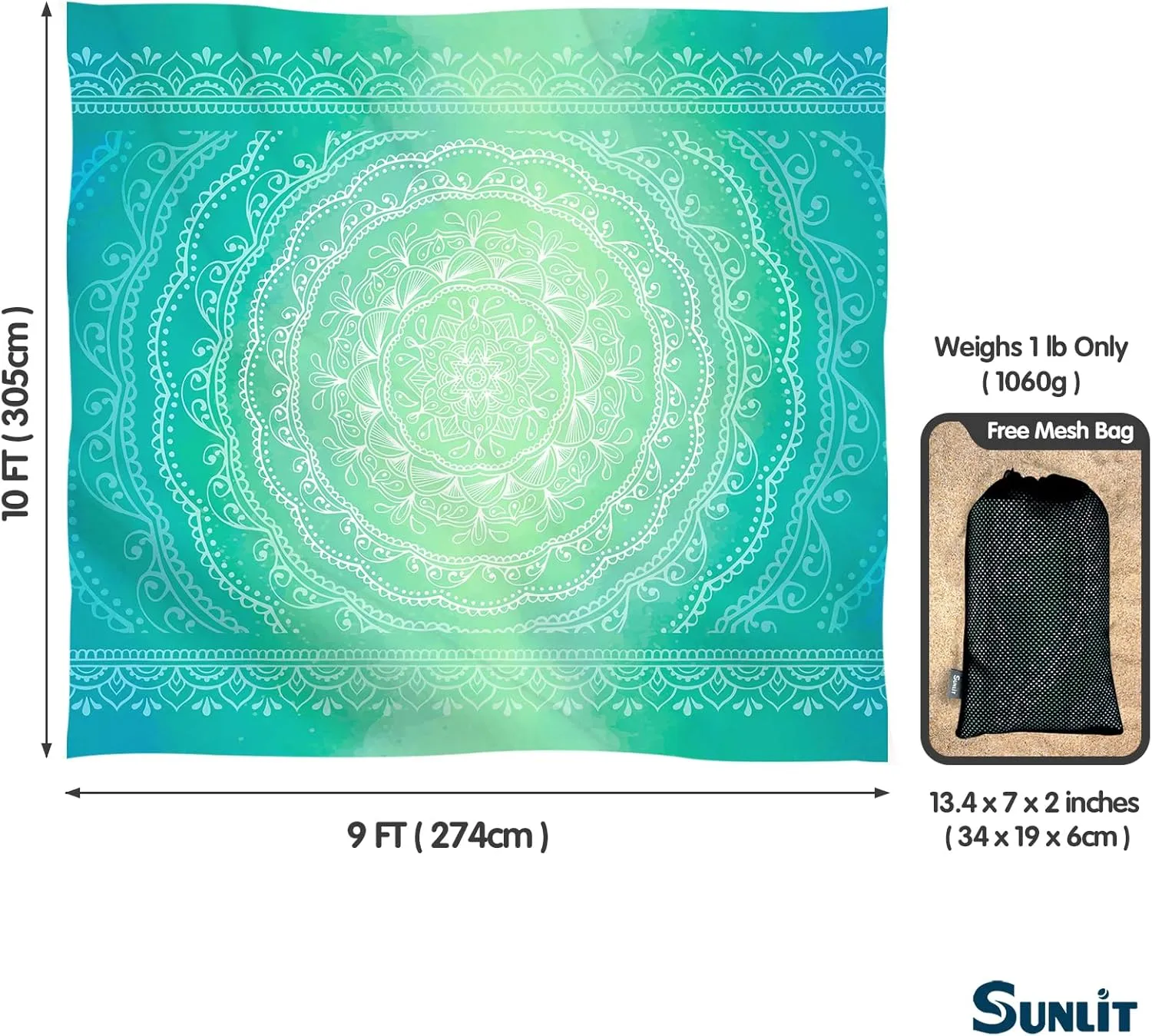 Sunlit Silky Soft Sand Proof Beach Blanket 106"x81" / 85"x72" Sand Proof Mat with Corner Pockets and Mesh Bag for Beach Party, Travel, Camping and Outdoor Music Festival, Mandala