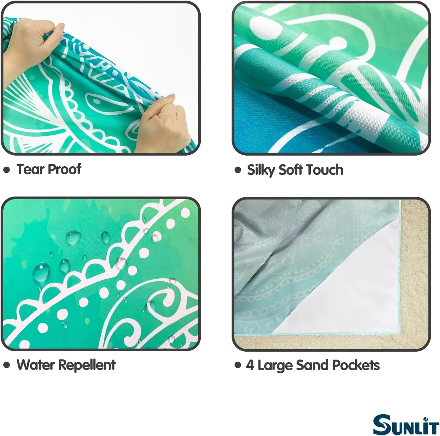 Sunlit Silky Soft Sand Proof Beach Blanket 106"x81" / 85"x72" Sand Proof Mat with Corner Pockets and Mesh Bag for Beach Party, Travel, Camping and Outdoor Music Festival, Mandala