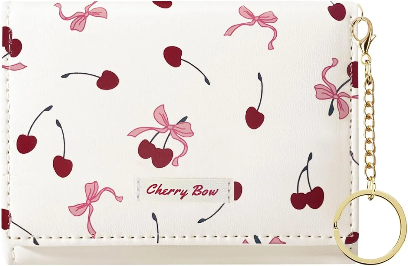 Sunwel Fashion Cute Coquette Bow Wallet with Key-chain Aesthetic Card Holder ID Window for Women Girls (367CREAM)