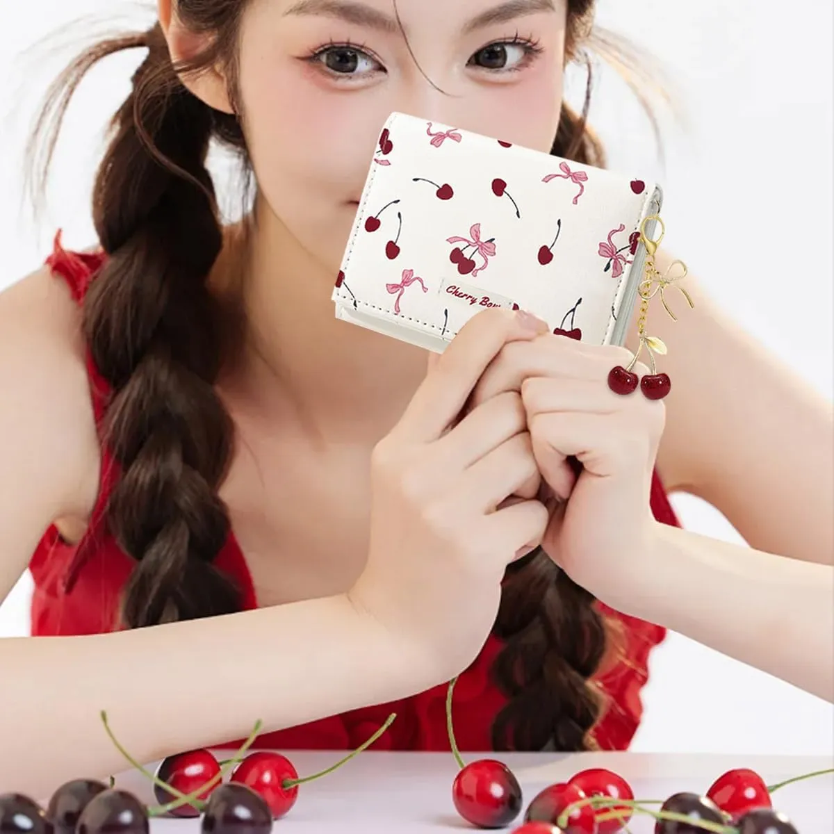 Sunwel Fashion Cute Coquette Bow Wallet with Key-chain Aesthetic Card Holder ID Window for Women Girls (367CREAM)