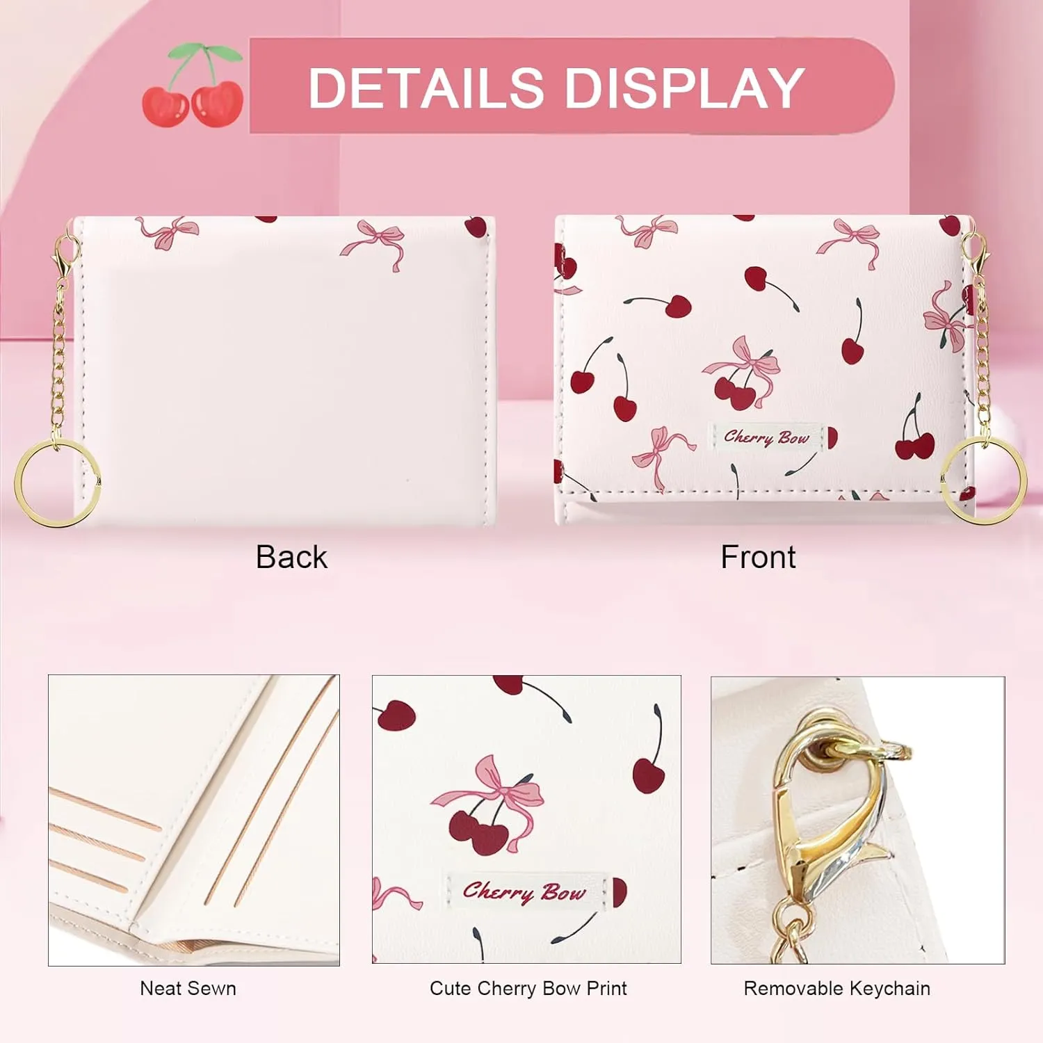 Sunwel Fashion Cute Coquette Bow Wallet with Key-chain Aesthetic Card Holder ID Window for Women Girls (367CREAM)