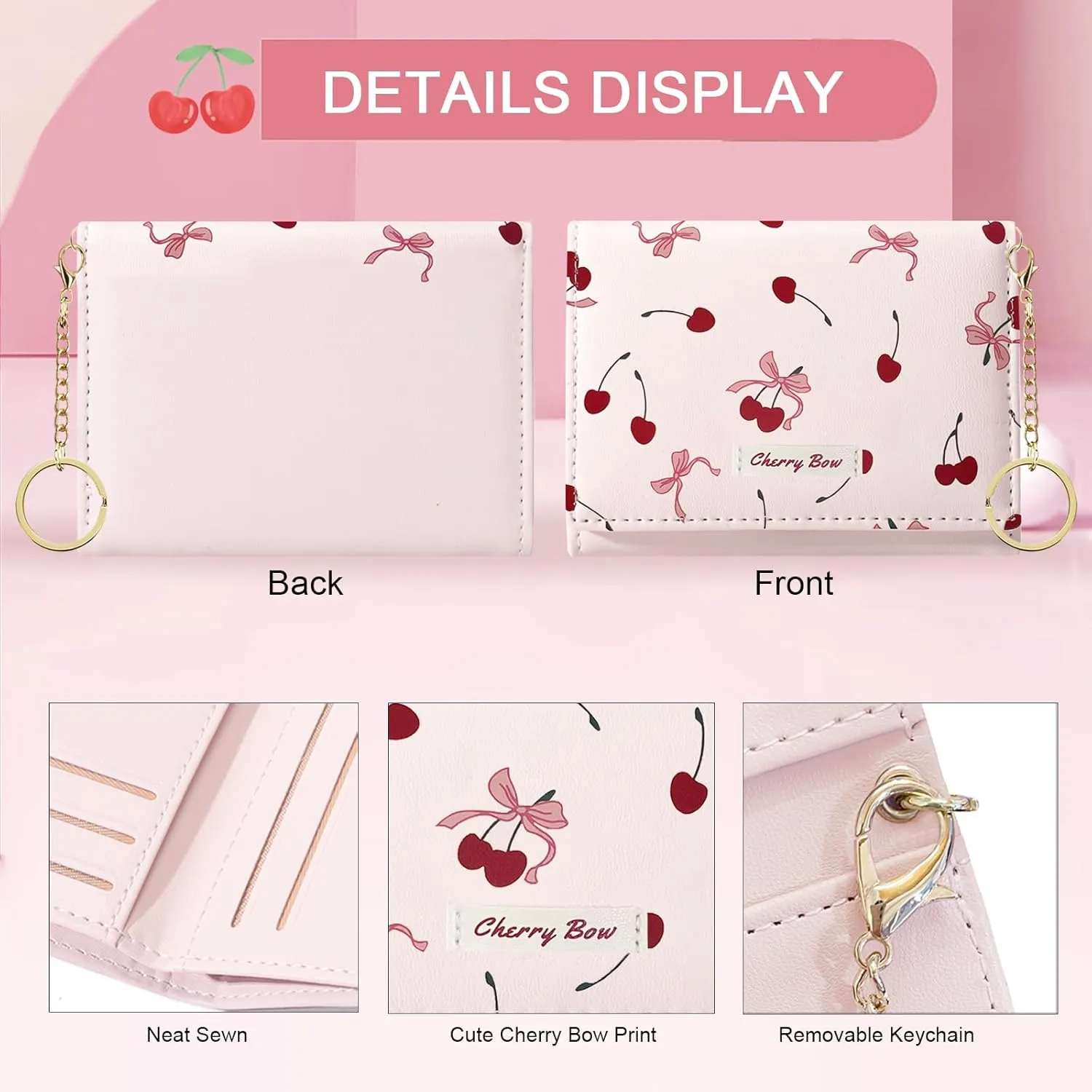 Sunwel Fashion Cute Coquette Bow Wallet with Key-chain Aesthetic Card Holder ID Window for Women Girls (367PINK)