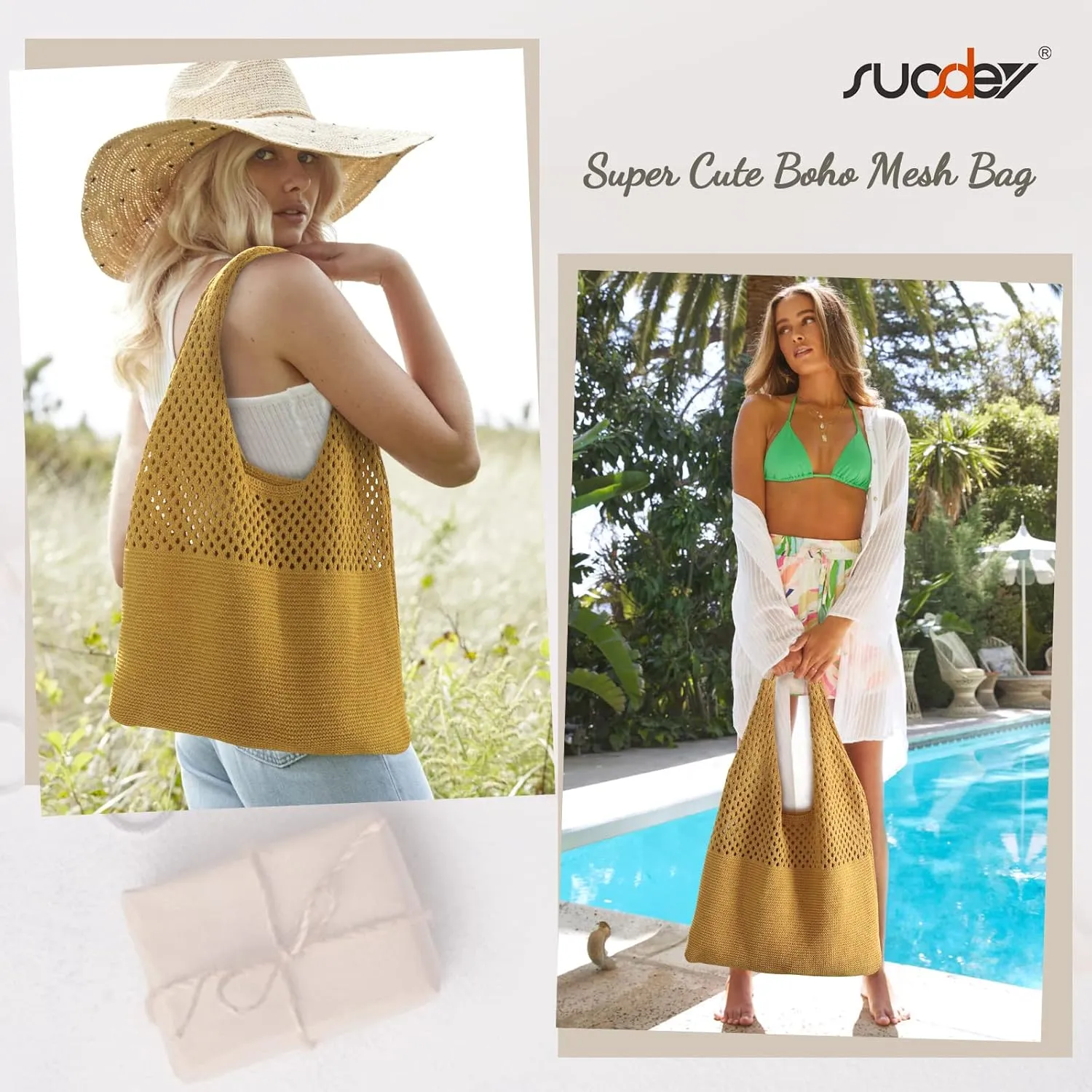 SUOSDEY Crochet Mesh Beach Tote Bag, Knit Summer Vacation Aesthetic Boho Tote Bag for Women