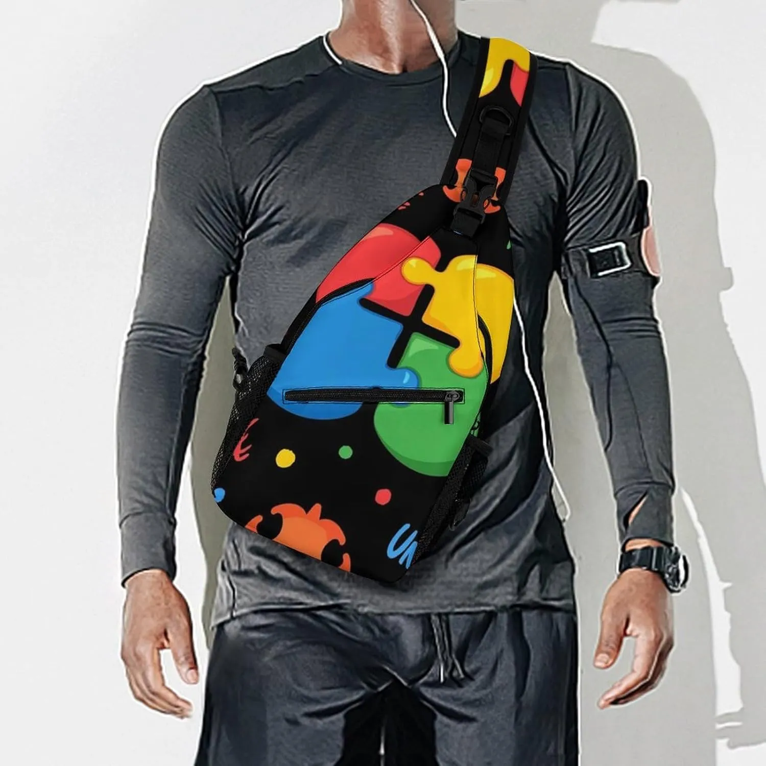 Supdreamc Sling Backpack for Women Men Multipurpose Anti-Theft Gym Bags Sack Daypack Outdoor Backpack Carry On Bag, Colorful Autism Awareness Puzzle Pieces Heart Black Single Shoulder Messenger Bag