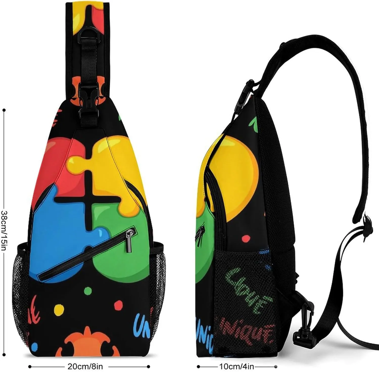 Supdreamc Sling Backpack for Women Men Multipurpose Anti-Theft Gym Bags Sack Daypack Outdoor Backpack Carry On Bag, Colorful Autism Awareness Puzzle Pieces Heart Black Single Shoulder Messenger Bag