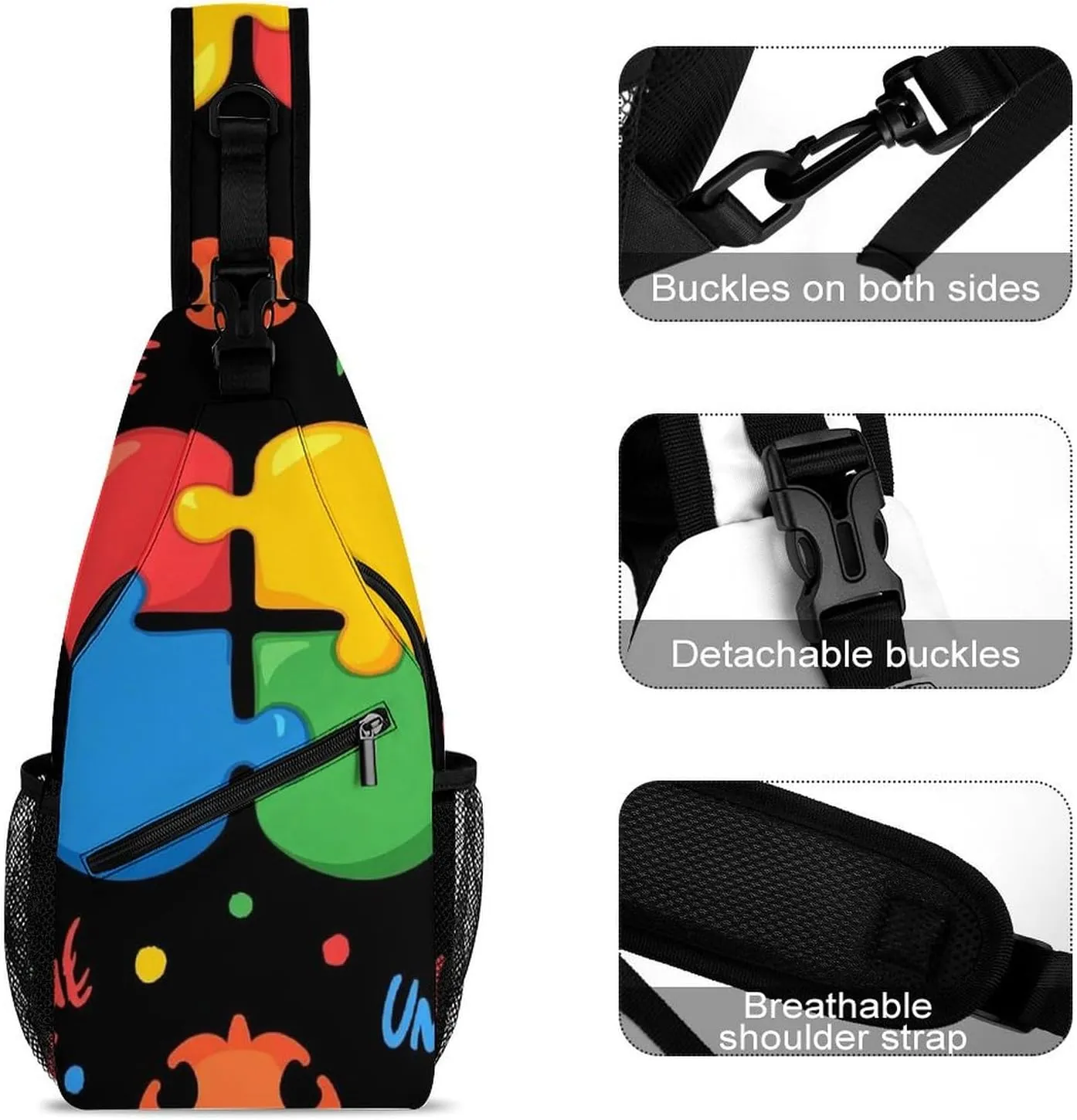 Supdreamc Sling Backpack for Women Men Multipurpose Anti-Theft Gym Bags Sack Daypack Outdoor Backpack Carry On Bag, Colorful Autism Awareness Puzzle Pieces Heart Black Single Shoulder Messenger Bag