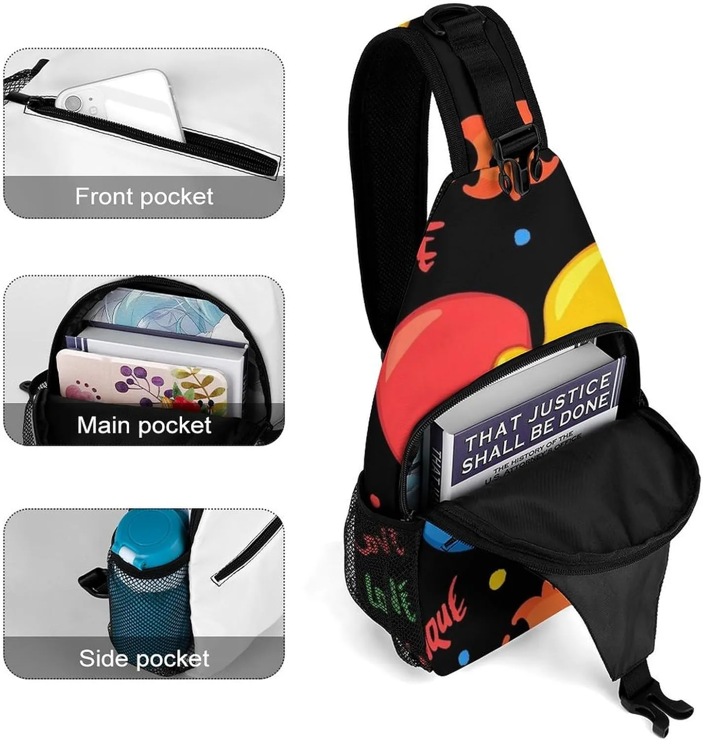 Supdreamc Sling Backpack for Women Men Multipurpose Anti-Theft Gym Bags Sack Daypack Outdoor Backpack Carry On Bag, Colorful Autism Awareness Puzzle Pieces Heart Black Single Shoulder Messenger Bag