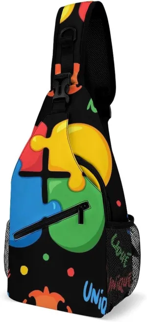 Supdreamc Sling Backpack for Women Men Multipurpose Anti-Theft Gym Bags Sack Daypack Outdoor Backpack Carry On Bag, Colorful Autism Awareness Puzzle Pieces Heart Black Single Shoulder Messenger Bag