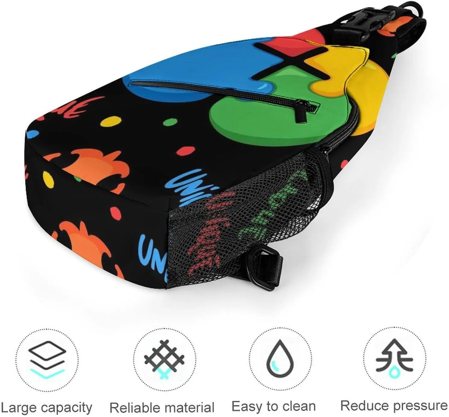 Supdreamc Sling Backpack for Women Men Multipurpose Anti-Theft Gym Bags Sack Daypack Outdoor Backpack Carry On Bag, Colorful Autism Awareness Puzzle Pieces Heart Black Single Shoulder Messenger Bag