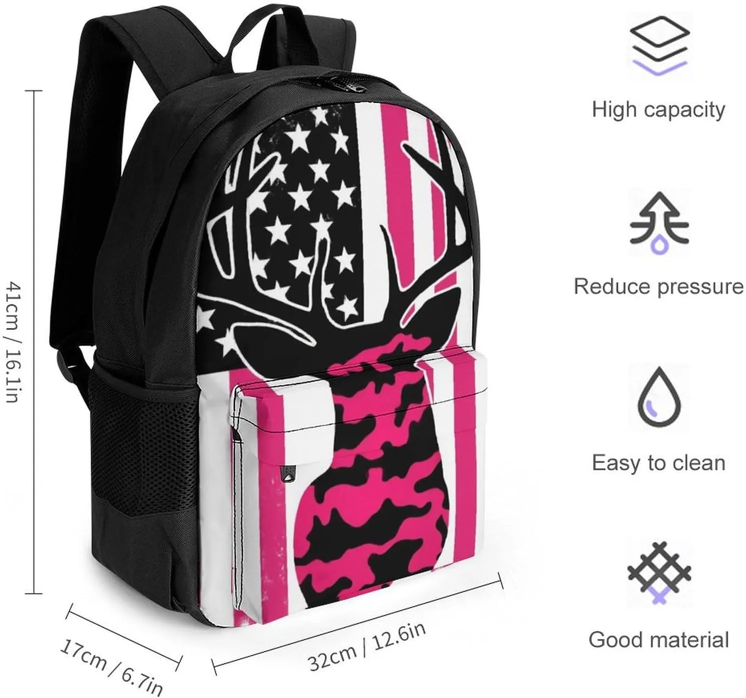 Supdreamc Women Men Polyester American Flag Camo Funny Deer Hunting Pink Camouflage Casual Daypack Large Capacity Bookbag With Side Pockets for Sports Picnic Walking Cycling