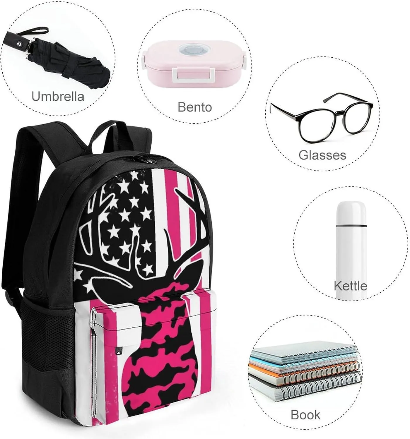 Supdreamc Women Men Polyester American Flag Camo Funny Deer Hunting Pink Camouflage Casual Daypack Large Capacity Bookbag With Side Pockets for Sports Picnic Walking Cycling