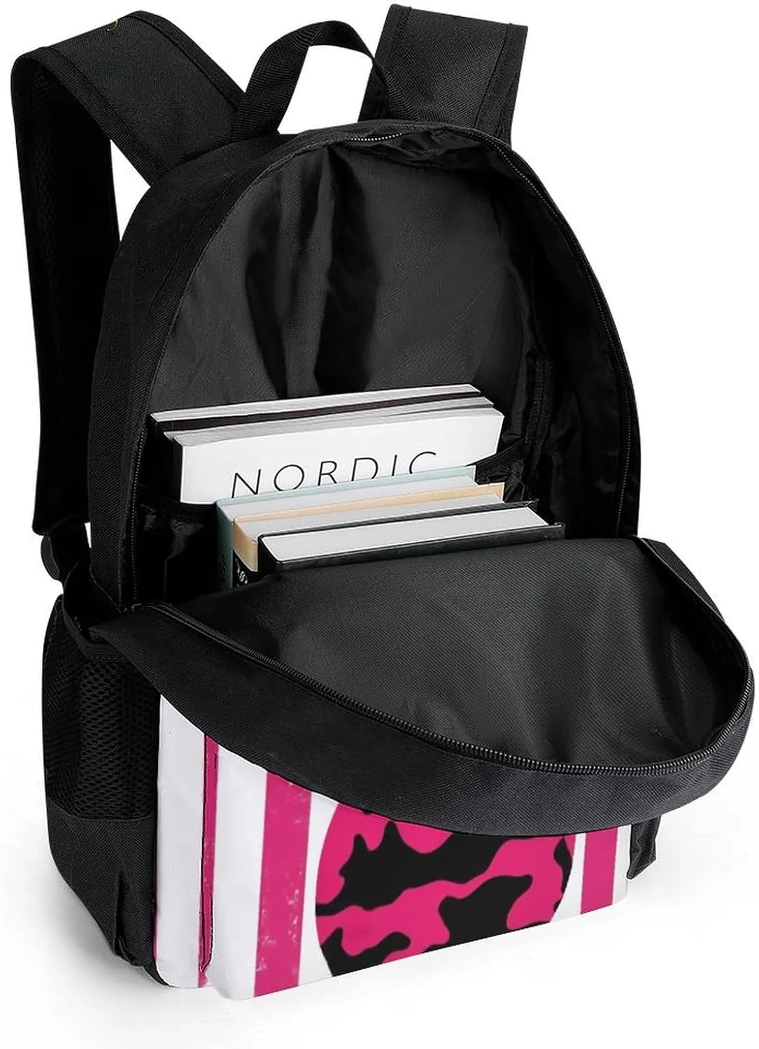 Supdreamc Women Men Polyester American Flag Camo Funny Deer Hunting Pink Camouflage Casual Daypack Large Capacity Bookbag With Side Pockets for Sports Picnic Walking Cycling
