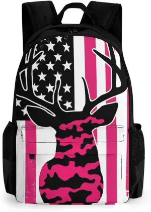 Supdreamc Women Men Polyester American Flag Camo Funny Deer Hunting Pink Camouflage Casual Daypack Large Capacity Bookbag With Side Pockets for Sports Picnic Walking Cycling