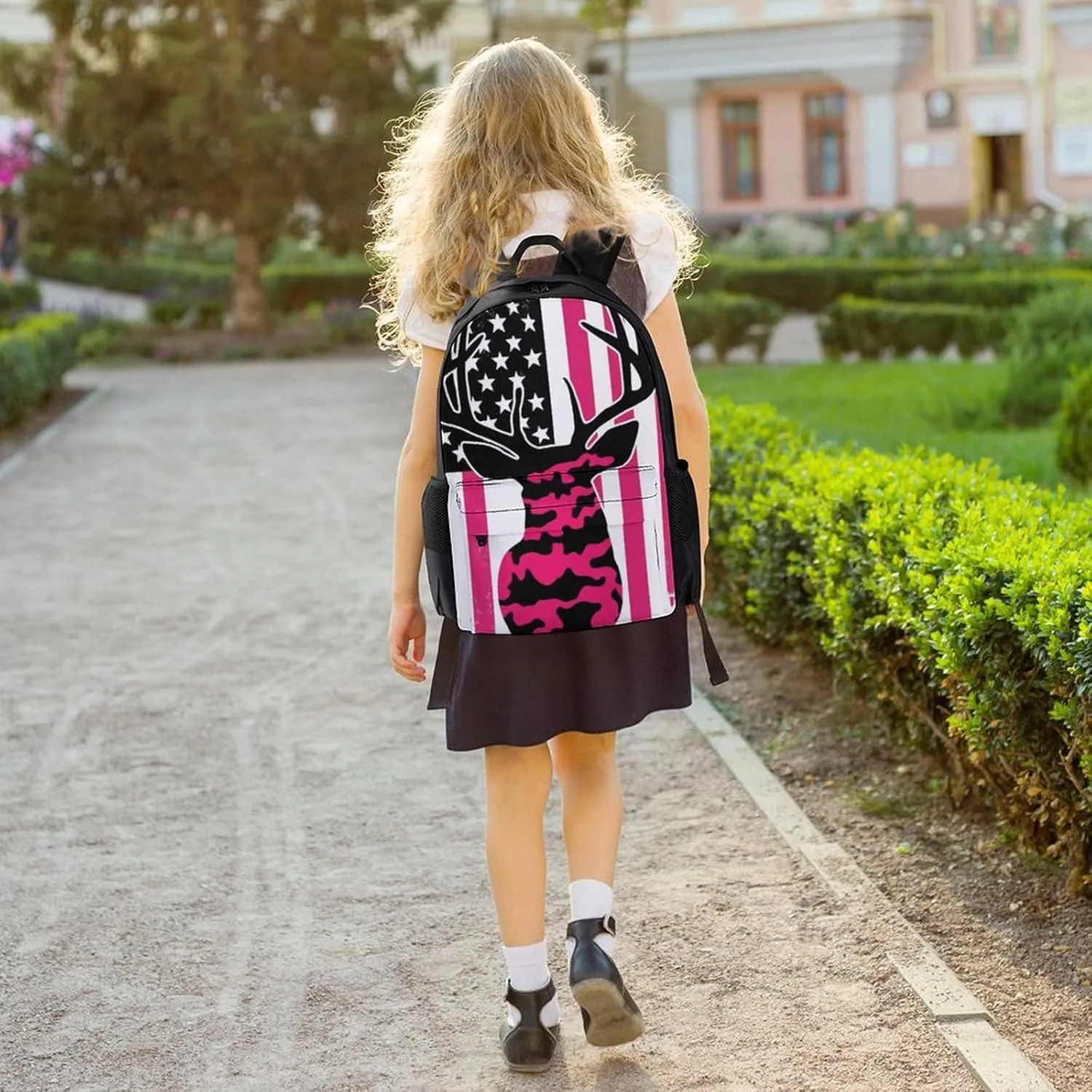 Supdreamc Women Men Polyester American Flag Camo Funny Deer Hunting Pink Camouflage Casual Daypack Large Capacity Bookbag With Side Pockets for Sports Picnic Walking Cycling