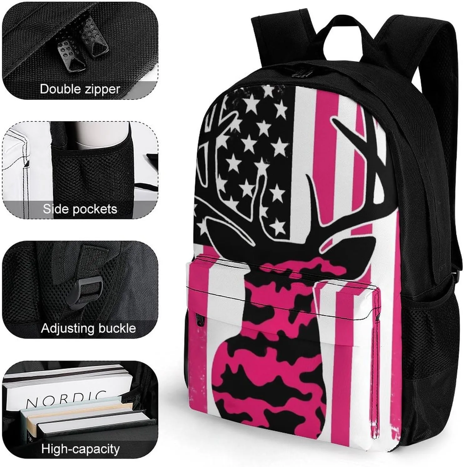 Supdreamc Women Men Polyester American Flag Camo Funny Deer Hunting Pink Camouflage Casual Daypack Large Capacity Bookbag With Side Pockets for Sports Picnic Walking Cycling