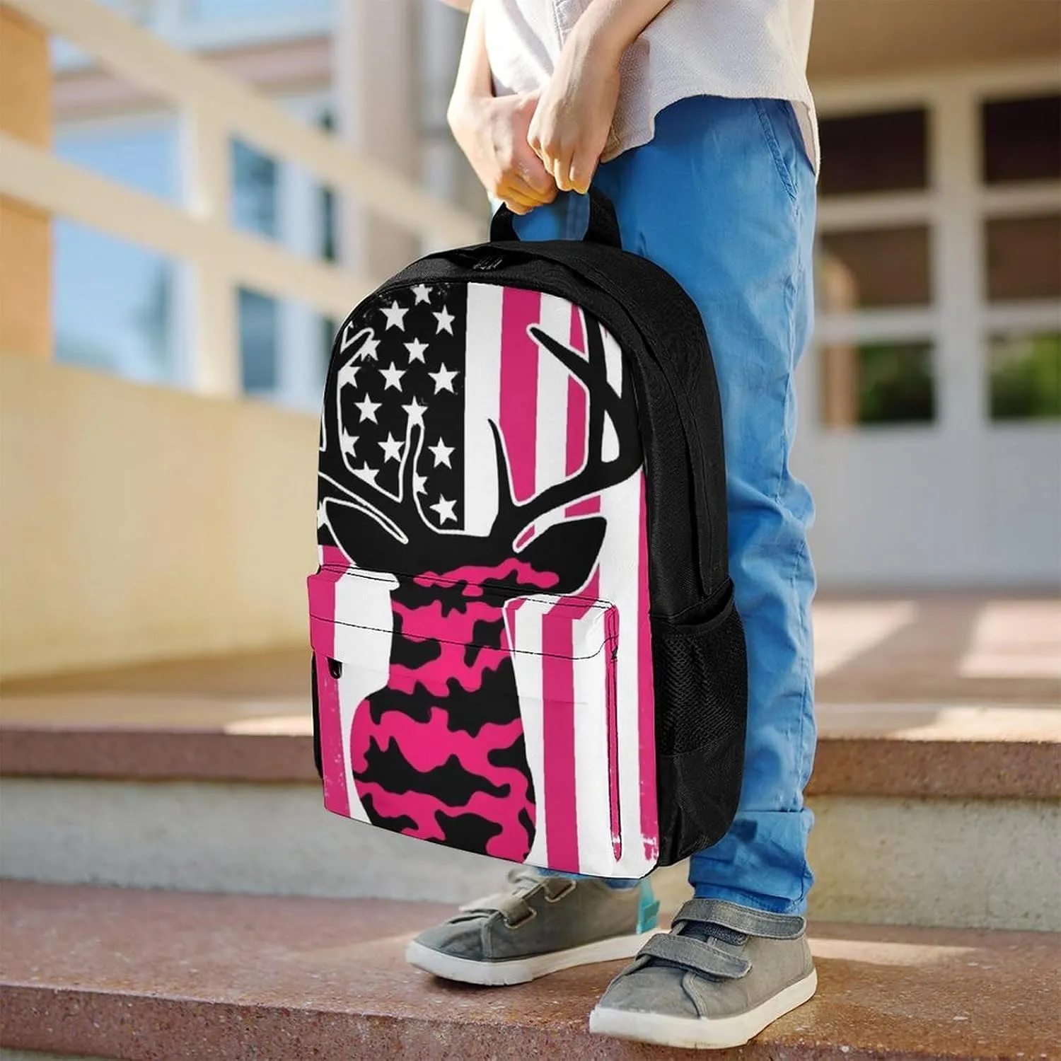 Supdreamc Women Men Polyester American Flag Camo Funny Deer Hunting Pink Camouflage Casual Daypack Large Capacity Bookbag With Side Pockets for Sports Picnic Walking Cycling