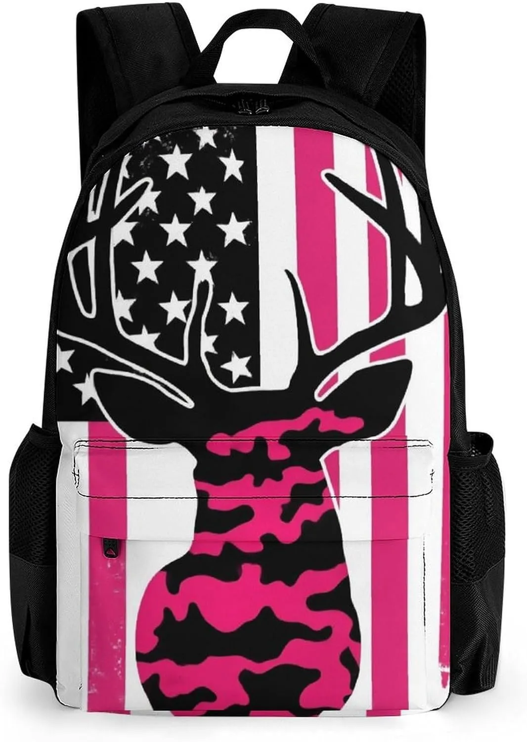 Supdreamc Women Men Polyester American Flag Camo Funny Deer Hunting Pink Camouflage Casual Daypack Large Capacity Bookbag With Side Pockets for Sports Picnic Walking Cycling