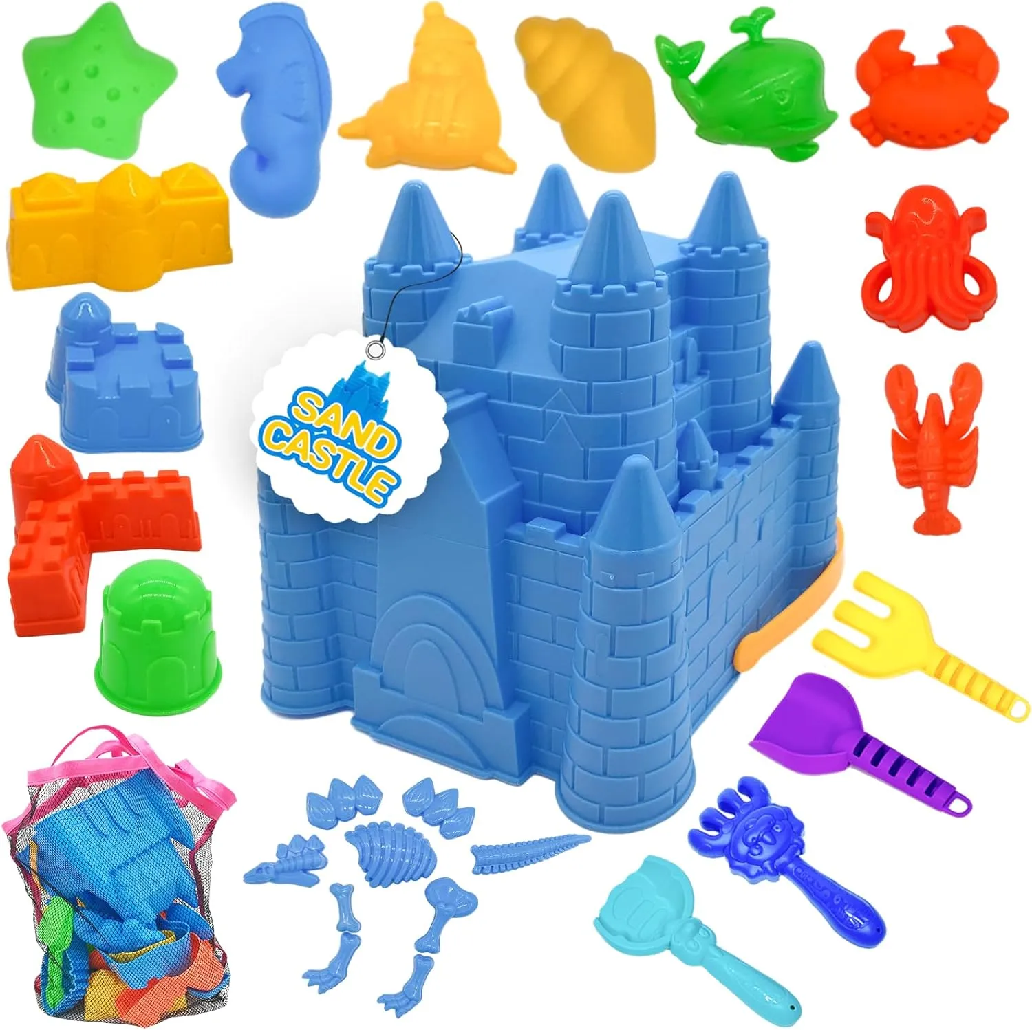 SupMLC Beach Toys 27 pcs, Sand Castle Building Kit Sand Toys for Kids - with Sand Bucket, Mesh Bag, Shovels and Rakes, Sandbox Toys for Toddlers, Kids 3-12
