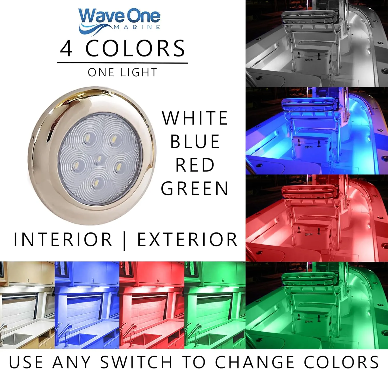SURFACE Mount 2.75" RGBW Internal Driver LED Courtesy Boat Light | RV Accent | Interior Exterior Deck Transom Cockpit T Top | Waterproof IP68 (Stainless Bezel)
