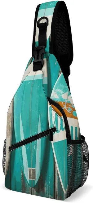 Surfboard in Vintage Turquoise Sling Bag for Men Women Travel Crossbody Bags Large Hiking Sling Backpack Chest Bag Man Purse