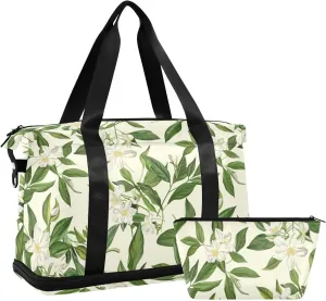 susiyo White Jasmines Flower Weekender Bag for Women, Gym Bag Sports Duffle Bag Travel Tote Bag with Toiletry Bag Shoes Compartment Dry/Wet Separation Swim Bag
