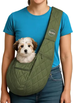 SUSU Small Dog Sling – Hands-Free Pet Sling for Small Dogs & Puppies | Secure, Lightweight & Adjustable Puppy Carrier Upto 9lbs, with Storage Pockets for Travel & Daily Walks (Olive-Green)