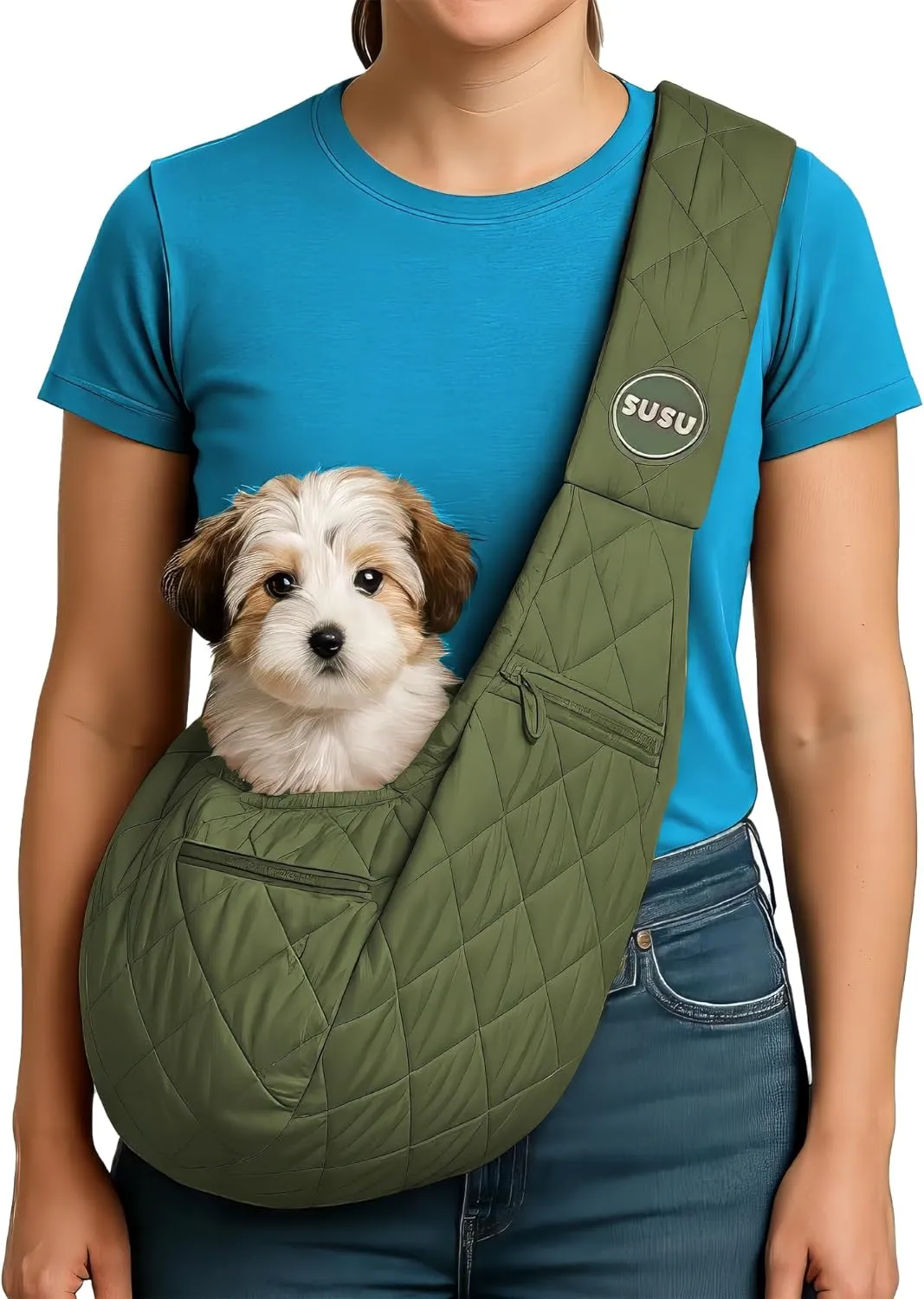 SUSU Small Dog Sling – Hands-Free Pet Sling for Small Dogs & Puppies | Secure, Lightweight & Adjustable Puppy Carrier Upto 9lbs, with Storage Pockets for Travel & Daily Walks (Olive-Green)