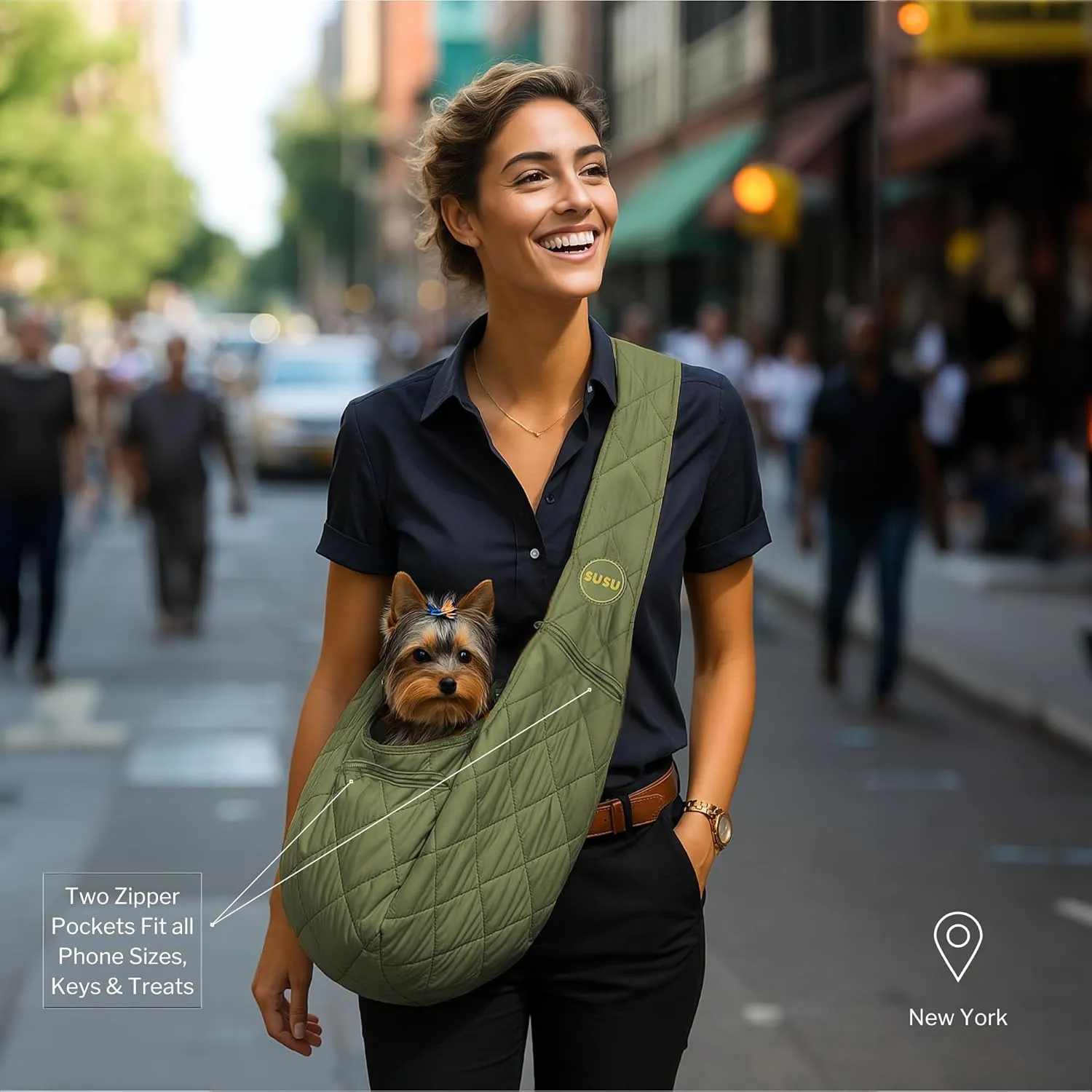SUSU Small Dog Sling – Hands-Free Pet Sling for Small Dogs & Puppies | Secure, Lightweight & Adjustable Puppy Carrier Upto 9lbs, with Storage Pockets for Travel & Daily Walks (Olive-Green)
