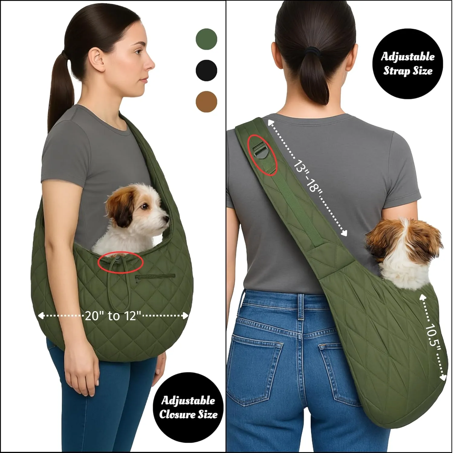 SUSU Small Dog Sling – Hands-Free Pet Sling for Small Dogs & Puppies | Secure, Lightweight & Adjustable Puppy Carrier Upto 9lbs, with Storage Pockets for Travel & Daily Walks (Olive-Green)