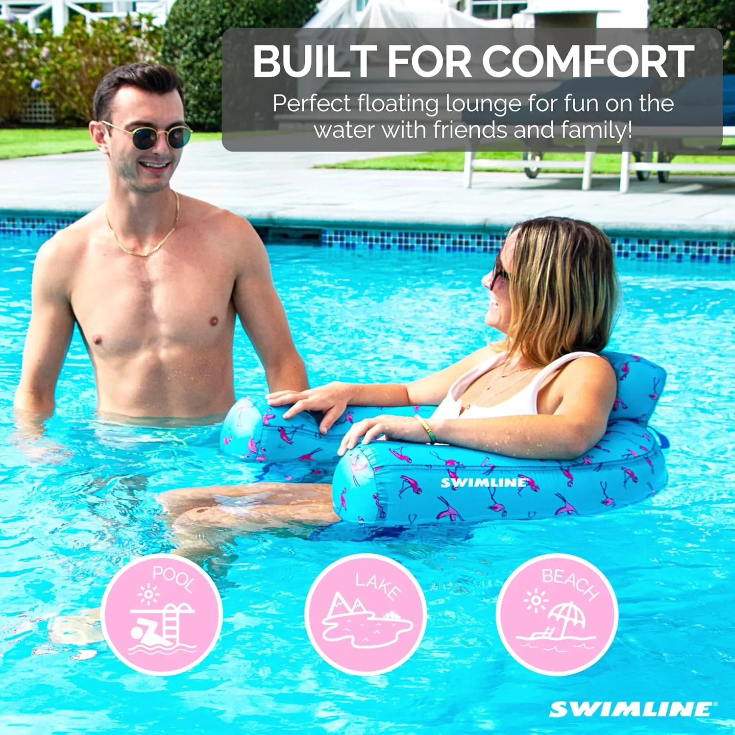SWIMLINE ORIGINAL Fabric Covered U-Seat Inflatable Pool Lounger Flamingo Pattern | With Comfortable Sling Seat, Back Rest, and Built In Cup Holder | For Pool, Beach, Lake, and More