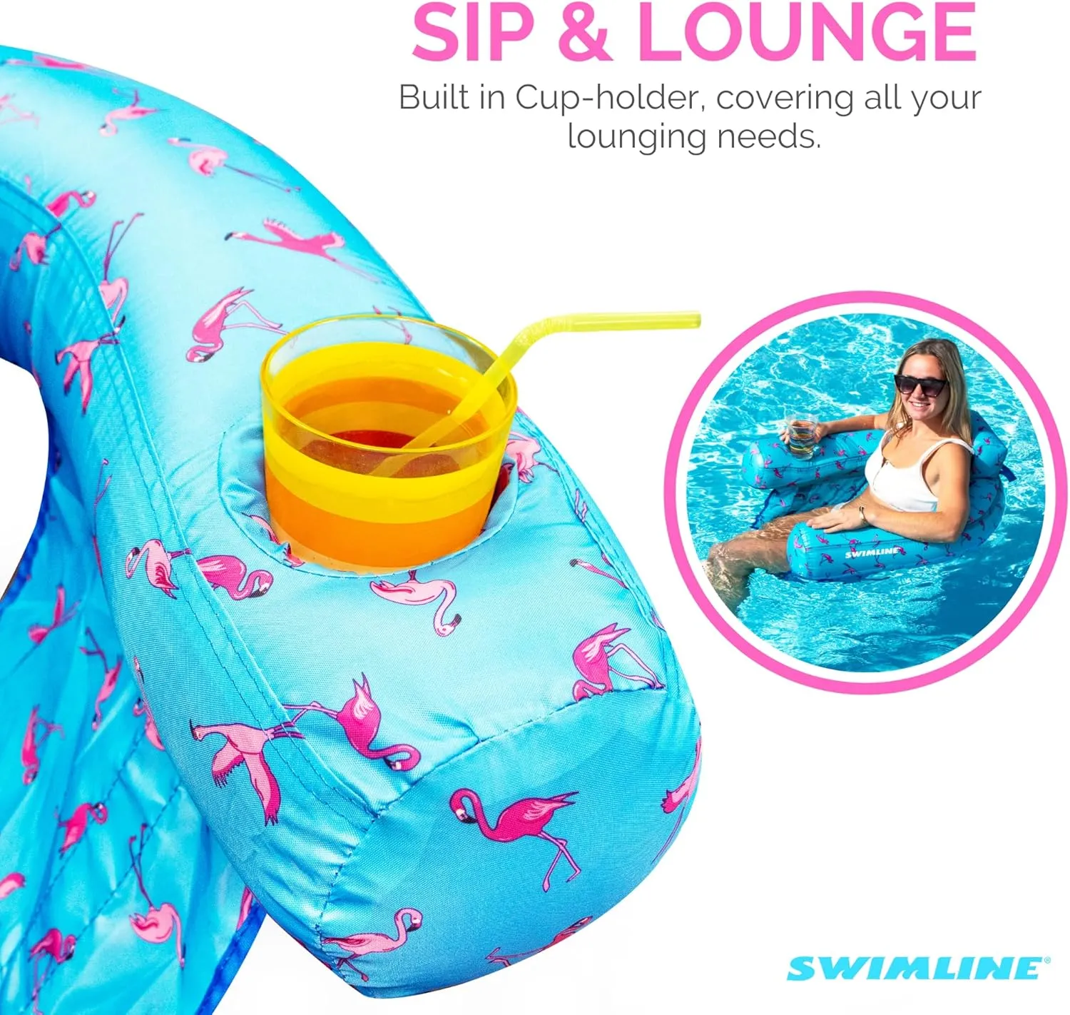 SWIMLINE ORIGINAL Fabric Covered U-Seat Inflatable Pool Lounger Flamingo Pattern | With Comfortable Sling Seat, Back Rest, and Built In Cup Holder | For Pool, Beach, Lake, and More