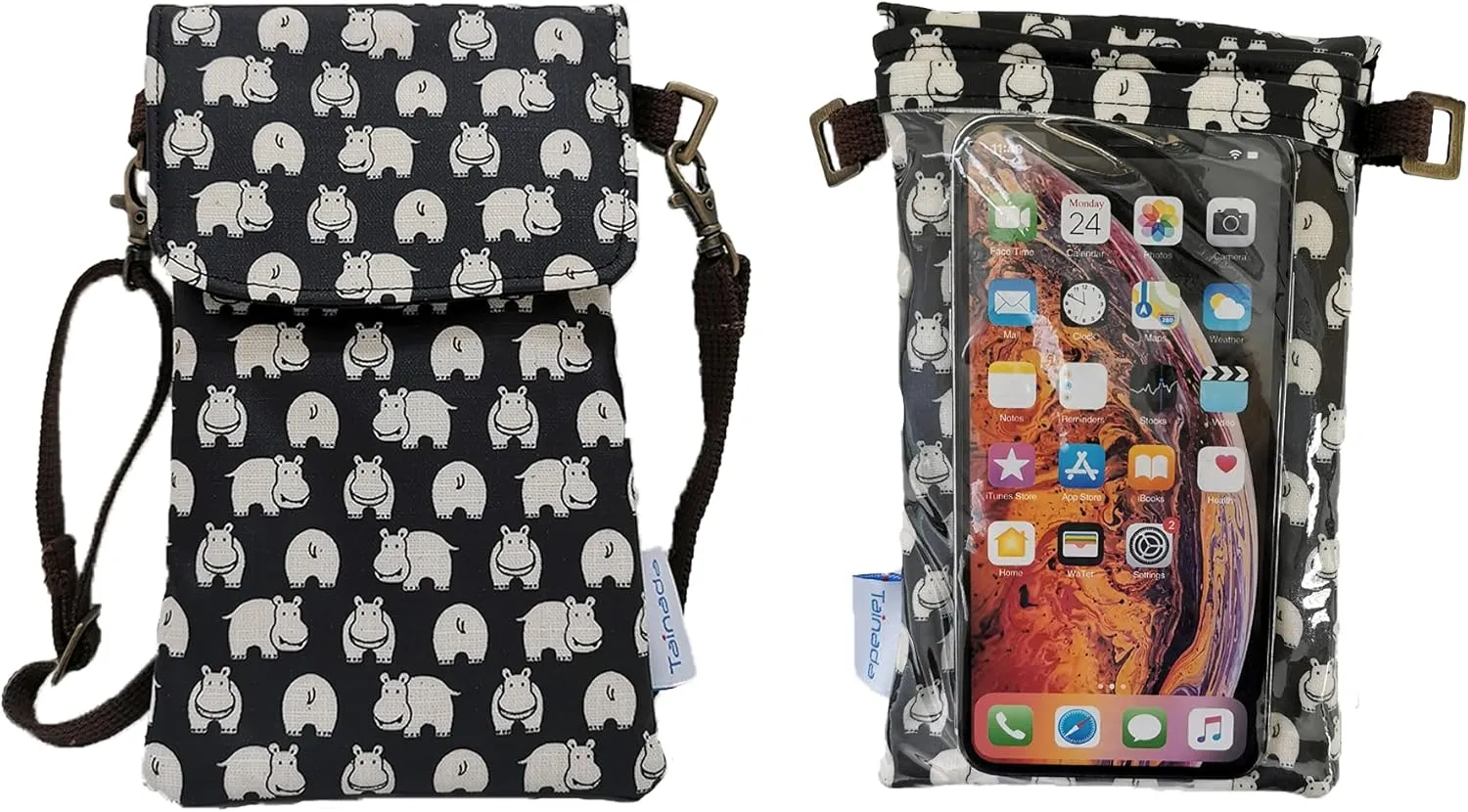 Tainada Crossbody Travel Phone Bag for Women, Small Shoulder Smartphone Touchscreen Wallet Purse Clutch Pouch w/Detachable Strap for iPhone 16/15 Pro Max; Samsung S24 , A54(Hippo Pattern Black)