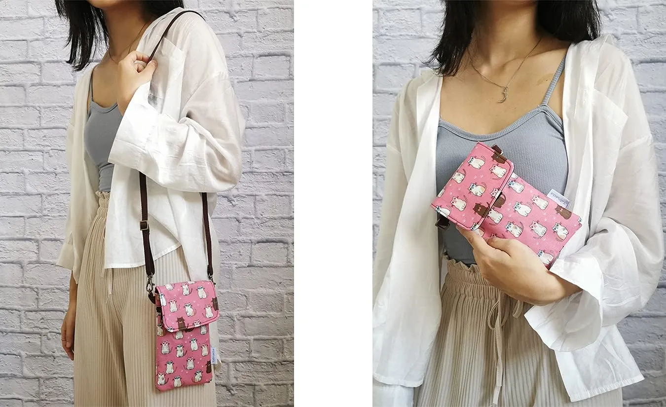 Tainada Crossbody Travel Phone Bag for Women, Small Shoulder Smartphone Touchscreen Wallet Purse Clutch Pouch w/Detachable Strap for iPhone 16/15 Pro Max; Samsung S24 , S23, A54 (Cats Pattern Pink)