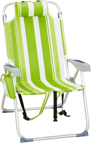 Tall Beach Chair,Folding Tall Backpack Beach Chair with 5 Positions,Lightweight Beach Camping Chairs with Cooler Bag,Cup Holders,Towel Bar,Portable Lawn Chair for Adults (Green Stripes)