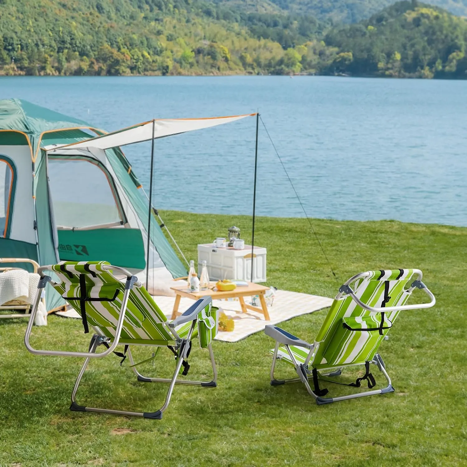 Tall Beach Chair,Folding Tall Backpack Beach Chair with 5 Positions,Lightweight Beach Camping Chairs with Cooler Bag,Cup Holders,Towel Bar,Portable Lawn Chair for Adults (Green Stripes)