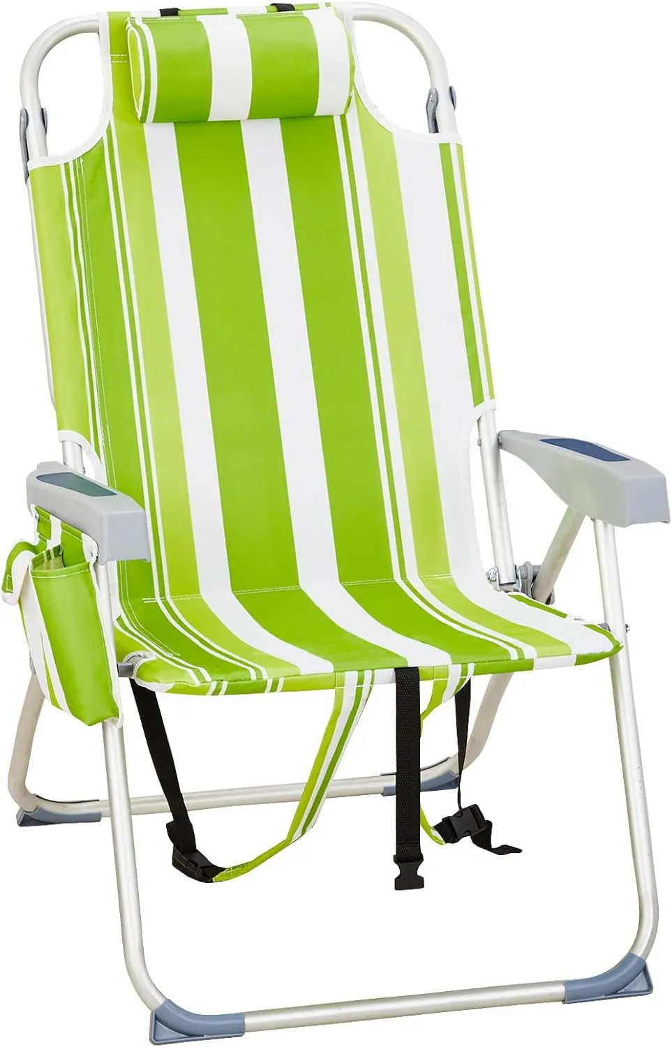 Tall Beach Chair,Folding Tall Backpack Beach Chair with 5 Positions,Lightweight Beach Camping Chairs with Cooler Bag,Cup Holders,Towel Bar,Portable Lawn Chair for Adults (Green Stripes)