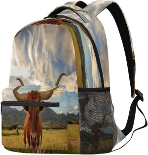 Texas Longhorn Steer Travel Waterproof Backpack Farm Animals Laptop Bag with Adjustable Padded Shoulder Straps for Women Men Business Work Travel Hiking Camping