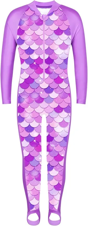 TFJH E 1PCS Girls Long Sleeve Swimsuit UPF 50  Rashguard Zipper Footed