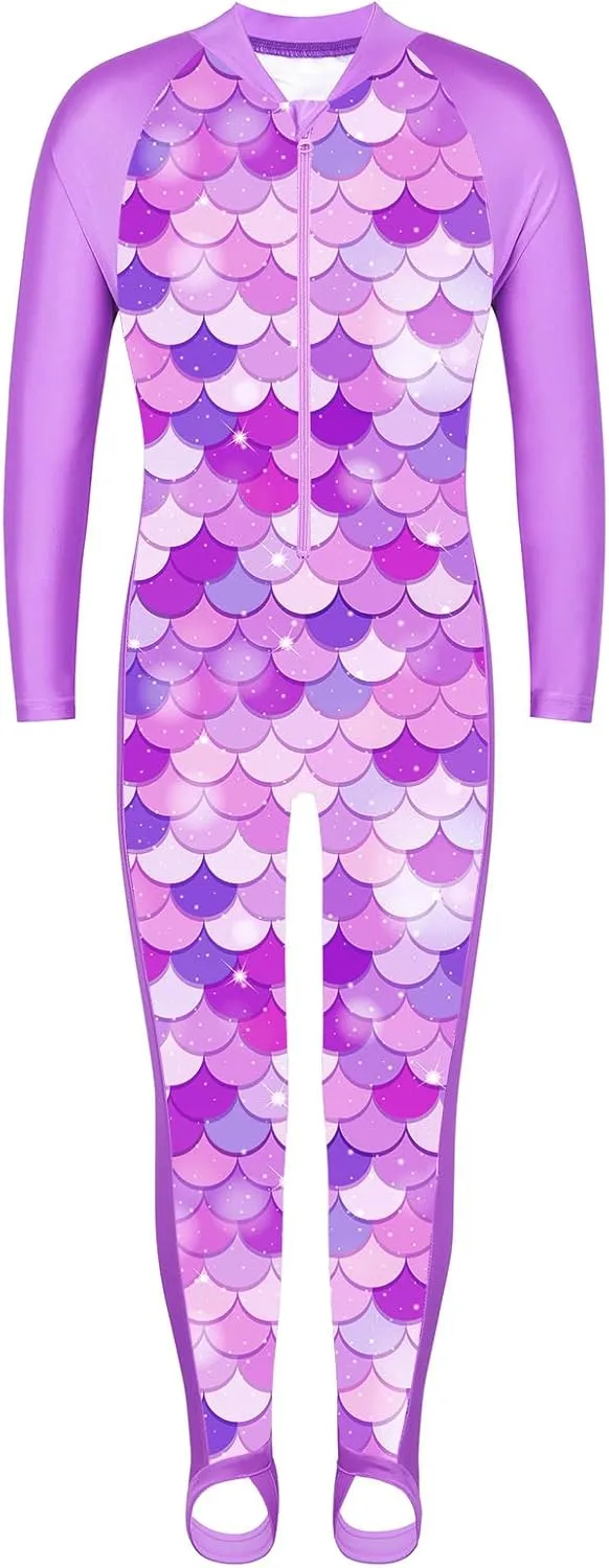 TFJH E 1PCS Girls Long Sleeve Swimsuit UPF 50  Rashguard Zipper Footed