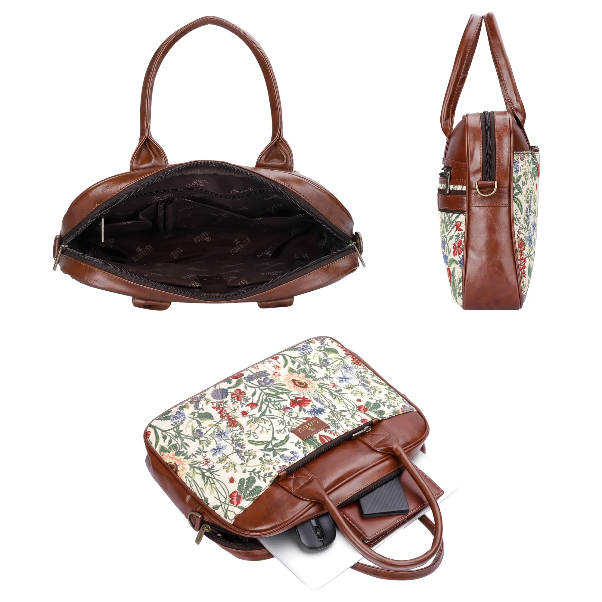 THE CLOWNFISH Deborah Series 15.6 Inch Laptop Bag For Women Tapestry Fabric & Faux Leather Office Bag Briefcase Messenger Sling Handbag Business Bag (Flax), Brown