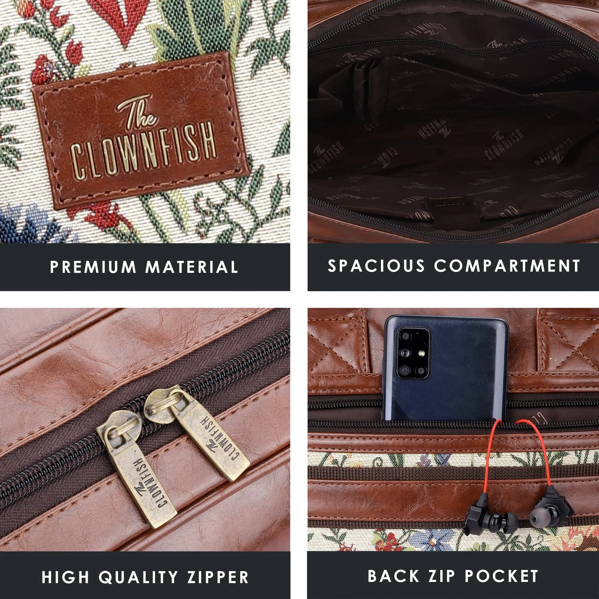 THE CLOWNFISH Deborah Series 15.6 Inch Laptop Bag For Women Tapestry Fabric & Faux Leather Office Bag Briefcase Messenger Sling Handbag Business Bag (Flax), Brown