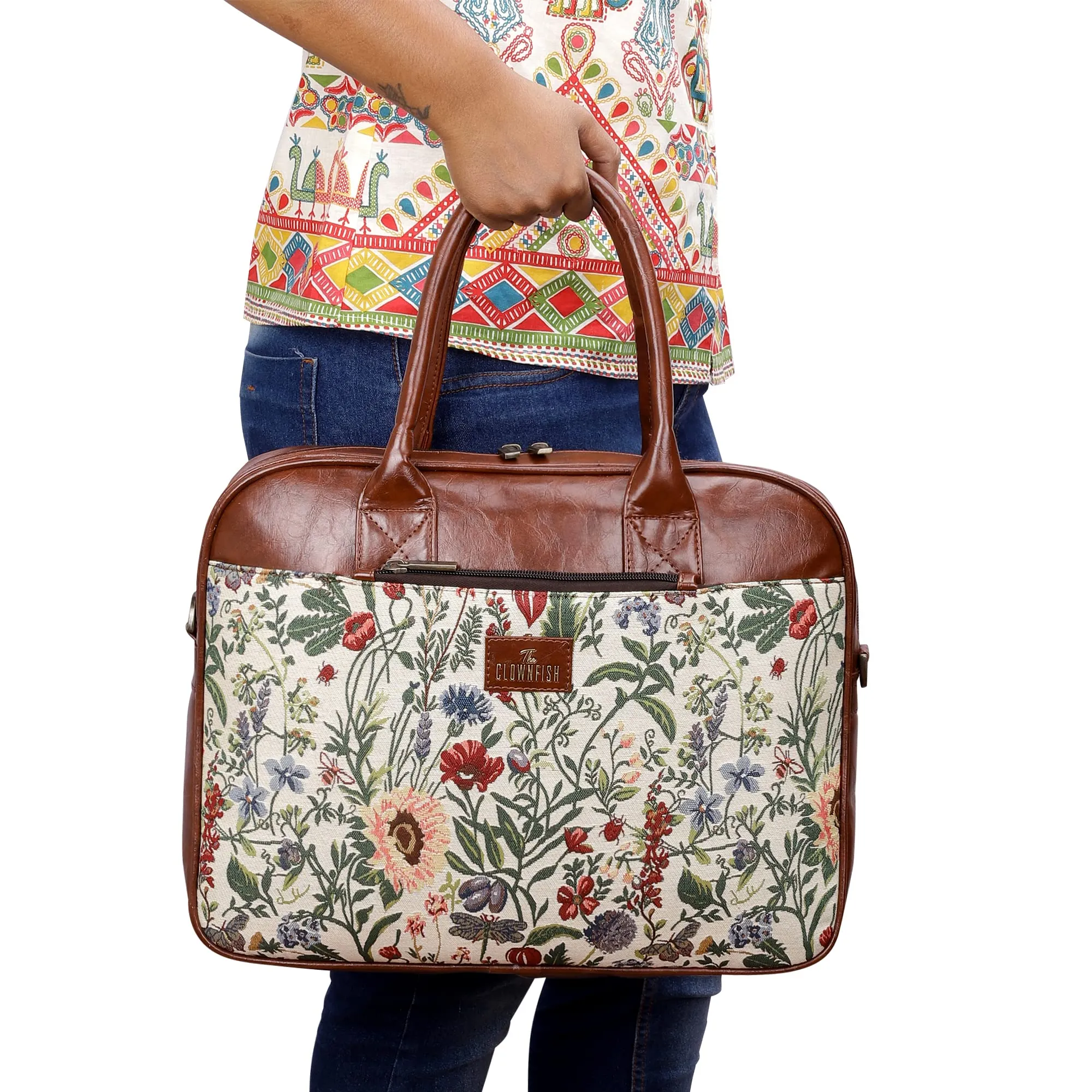 THE CLOWNFISH Deborah Series 15.6 Inch Laptop Bag For Women Tapestry Fabric & Faux Leather Office Bag Briefcase Messenger Sling Handbag Business Bag (Flax), Brown