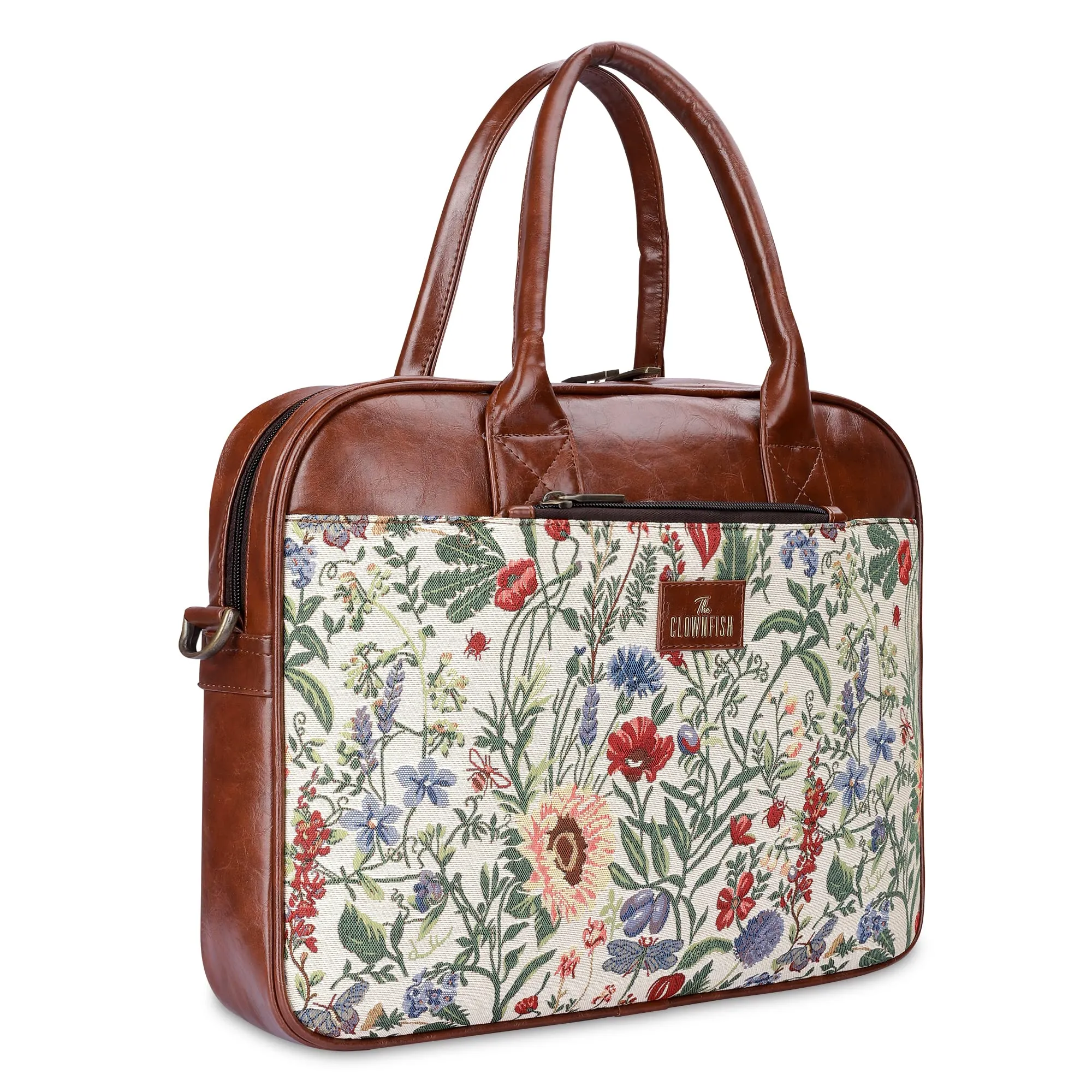 THE CLOWNFISH Deborah Series 15.6 Inch Laptop Bag For Women Tapestry Fabric & Faux Leather Office Bag Briefcase Messenger Sling Handbag Business Bag (Flax), Brown