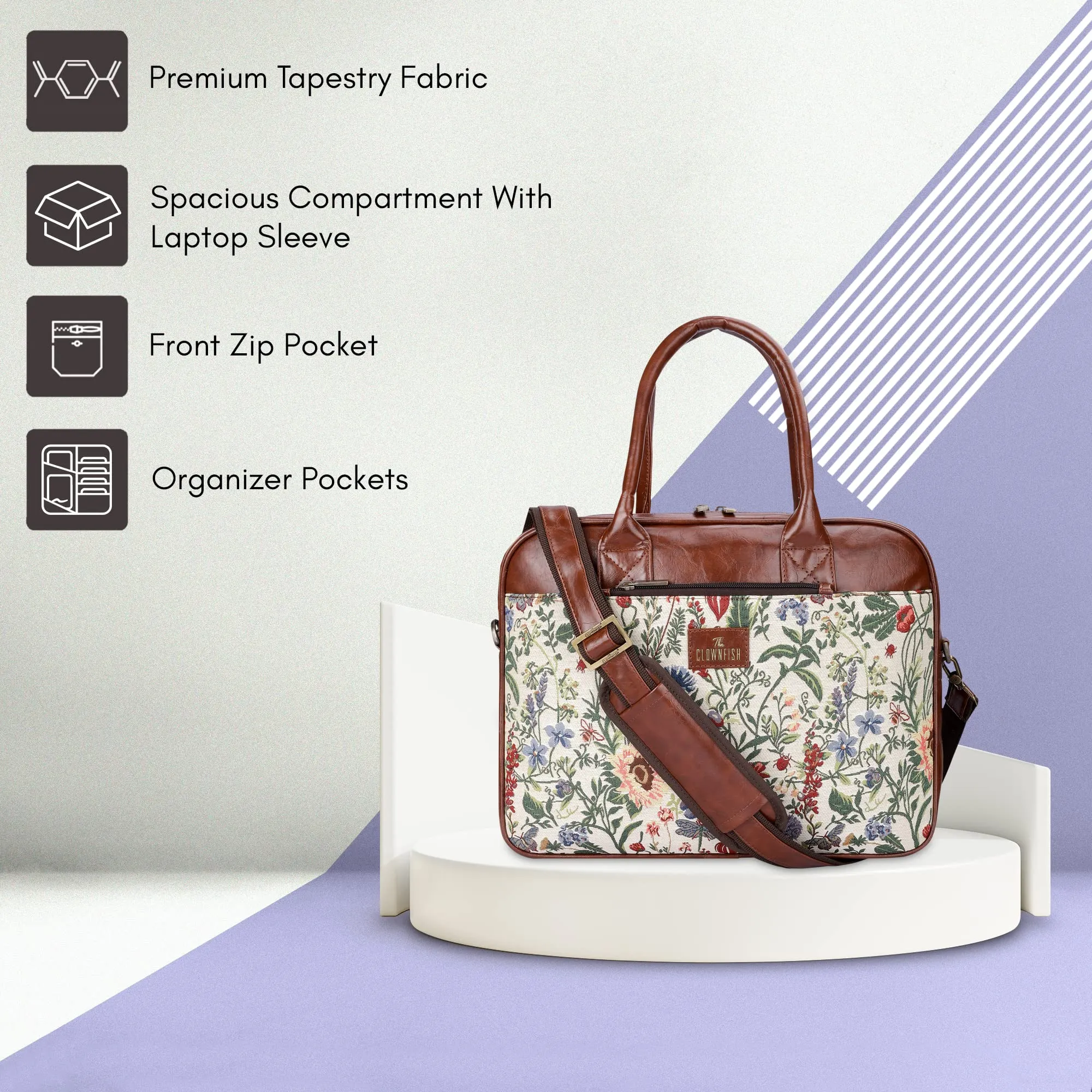 THE CLOWNFISH Deborah Series 15.6 Inch Laptop Bag For Women Tapestry Fabric & Faux Leather Office Bag Briefcase Messenger Sling Handbag Business Bag (Flax), Brown
