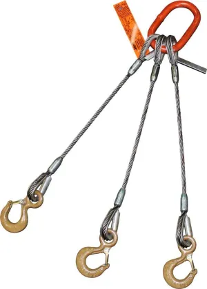 Three Leg Wire Rope Sling | 38 Ton Vertical Rated | Eye Hooks with Safety Latches | 1-1/4" Dia. | 12' Length | EIPS 6x37 IWRC | Hanes Supply (HSI) Heavy Duty Rigging Cable for Lifting and Towing