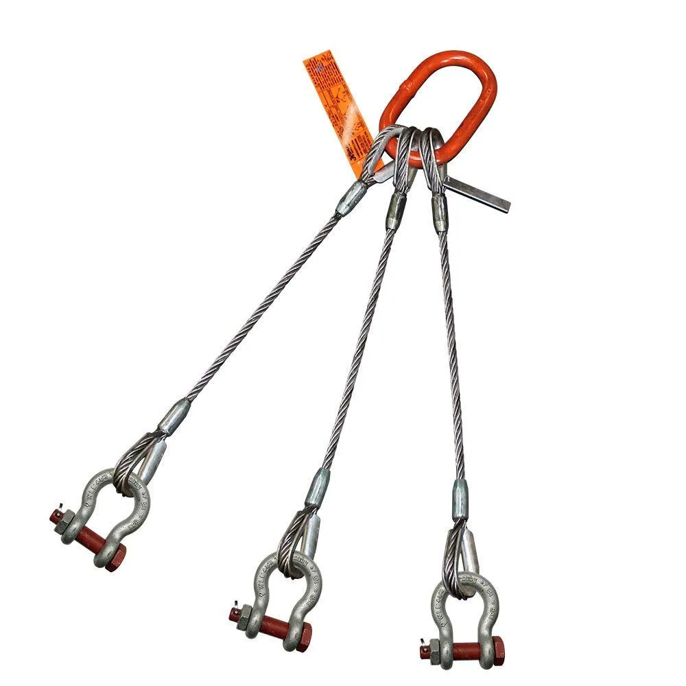 Three Leg Wire Rope Sling | 74 Ton Vertical Rated Capacity | Thimble-to-Bolt Anchor Shackle | 1-3/4" Dia. | 18' Length | EIPS 6x37 IWRC | Hanes Supply (HSI) Heavy Duty Rigging Cable