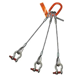 Three Leg Wire Rope Sling | 74 Ton Vertical Rated | Thimble-to-Screw Pin Anchor Shackle | 1-3/4" Dia. | 20' Length | EIPS 6x37 IWRC | Hanes Supply (HSI) Heavy Duty Rigging Cable