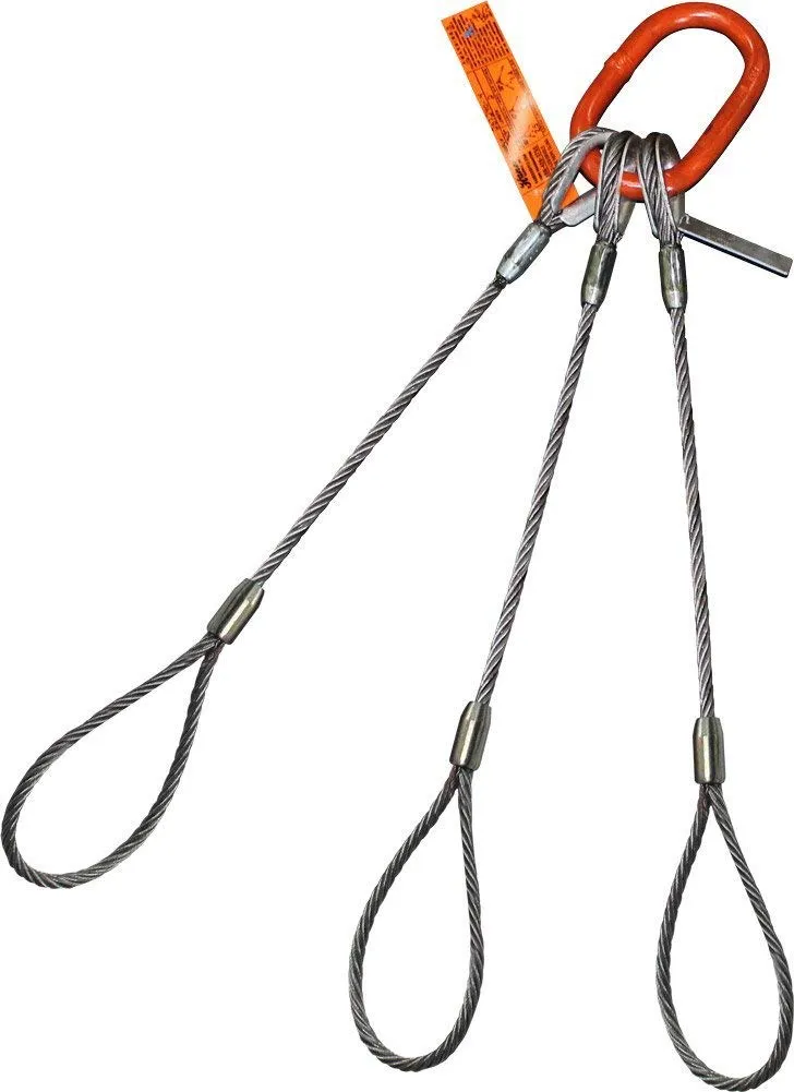 Three Leg Wire Rope Sling | 95 Ton Vertical Rated | Flemish Loop Ends | 2" Dia. | 24' Length | EIPS 6x37 IWRC | Hanes Supply (HSI) Heavy Duty Rigging Cable for Lifting and Towing